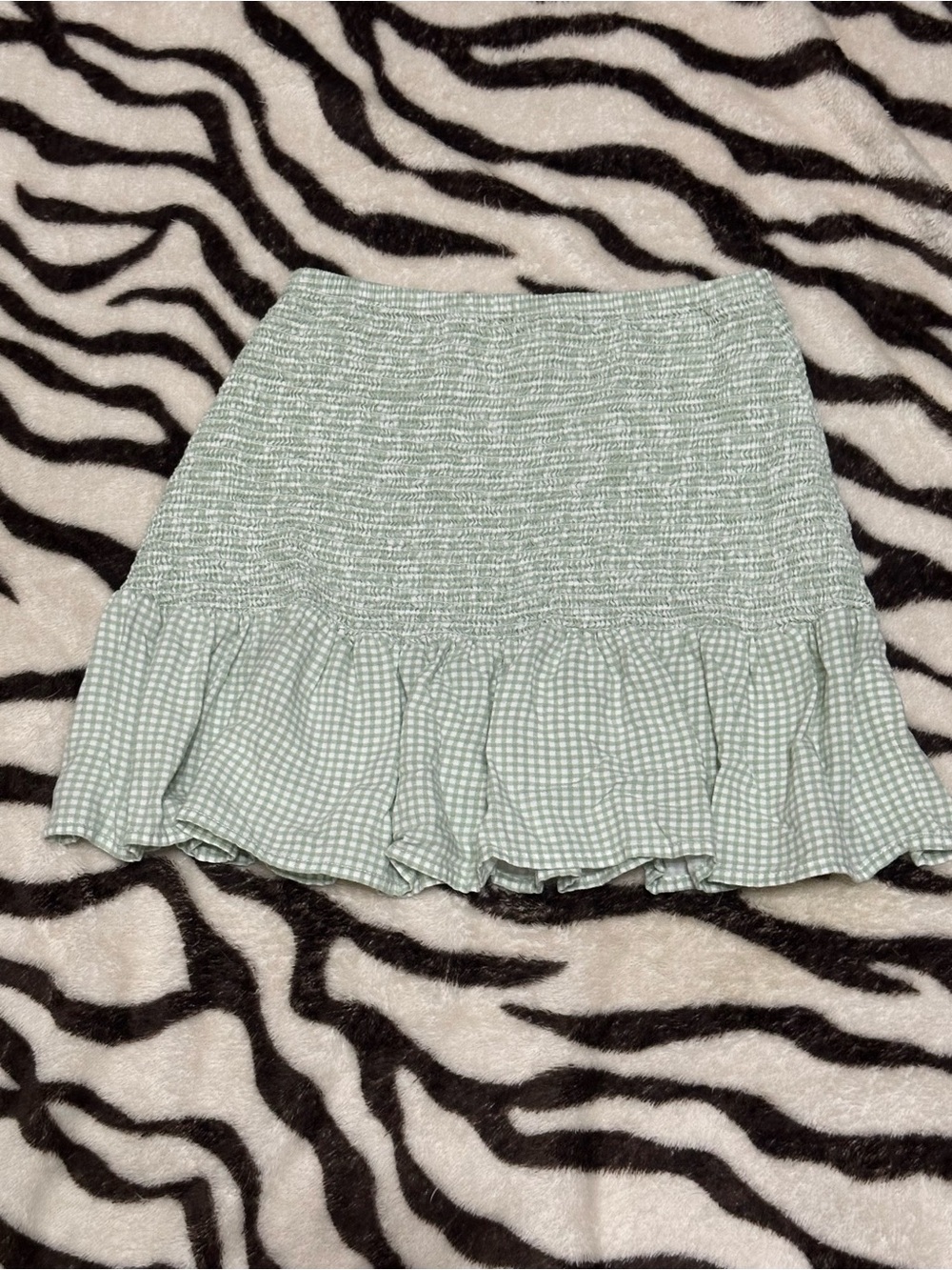 Smocked Gingham Ruffle Mini Skirt in Mint Green